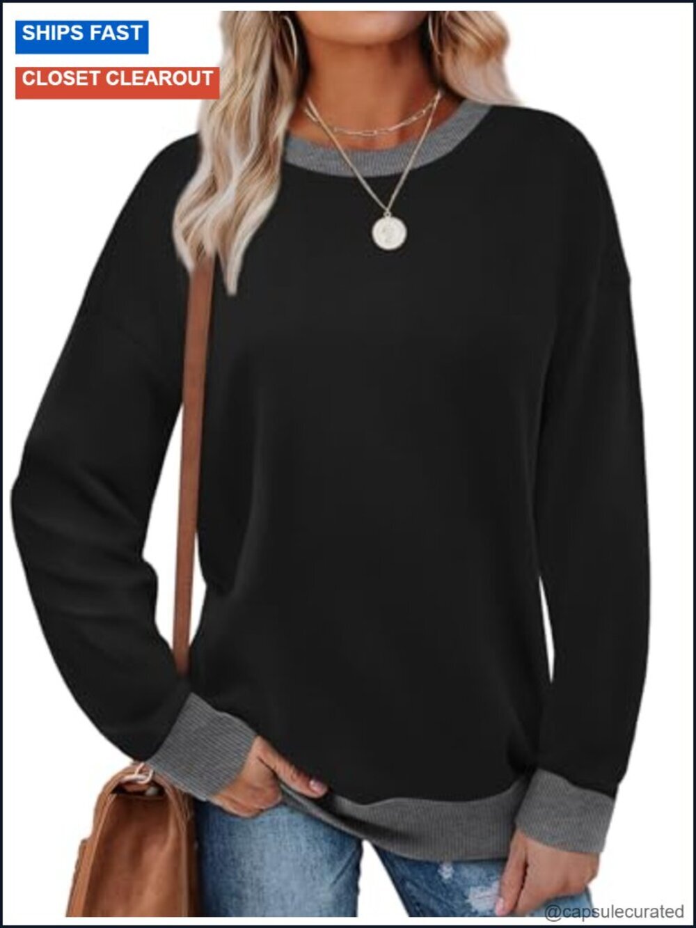 Loose Fit Color Block Ribbed Trim Crewneck Long Sleeve Pullover Sweatshirt